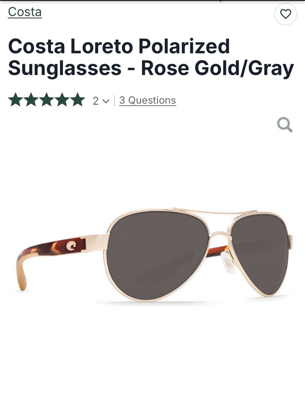Costa Loreto Polarized Sunglasses - Rose Gold Frame w/Gray Polarized Lens
